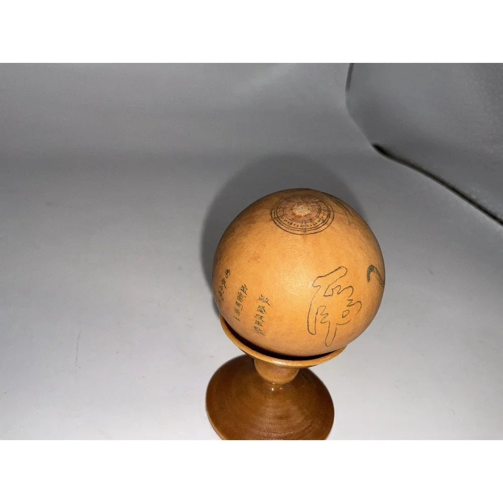 Vintage Chinese Lanzhou Etched Gourd With Tiger Design With Wooden Stand